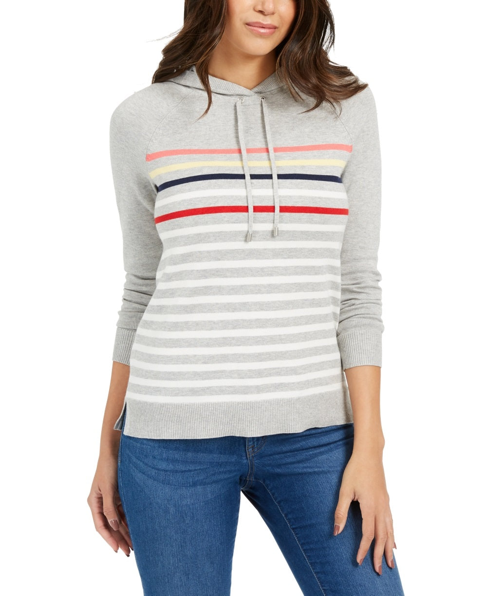 Charter Club Women's Striped Hoodie Sweater Gray Size PS