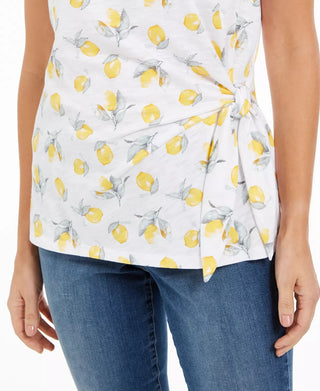 Style & Co Women's Printed Side Tie T-Shirt Yellow Size Medium
