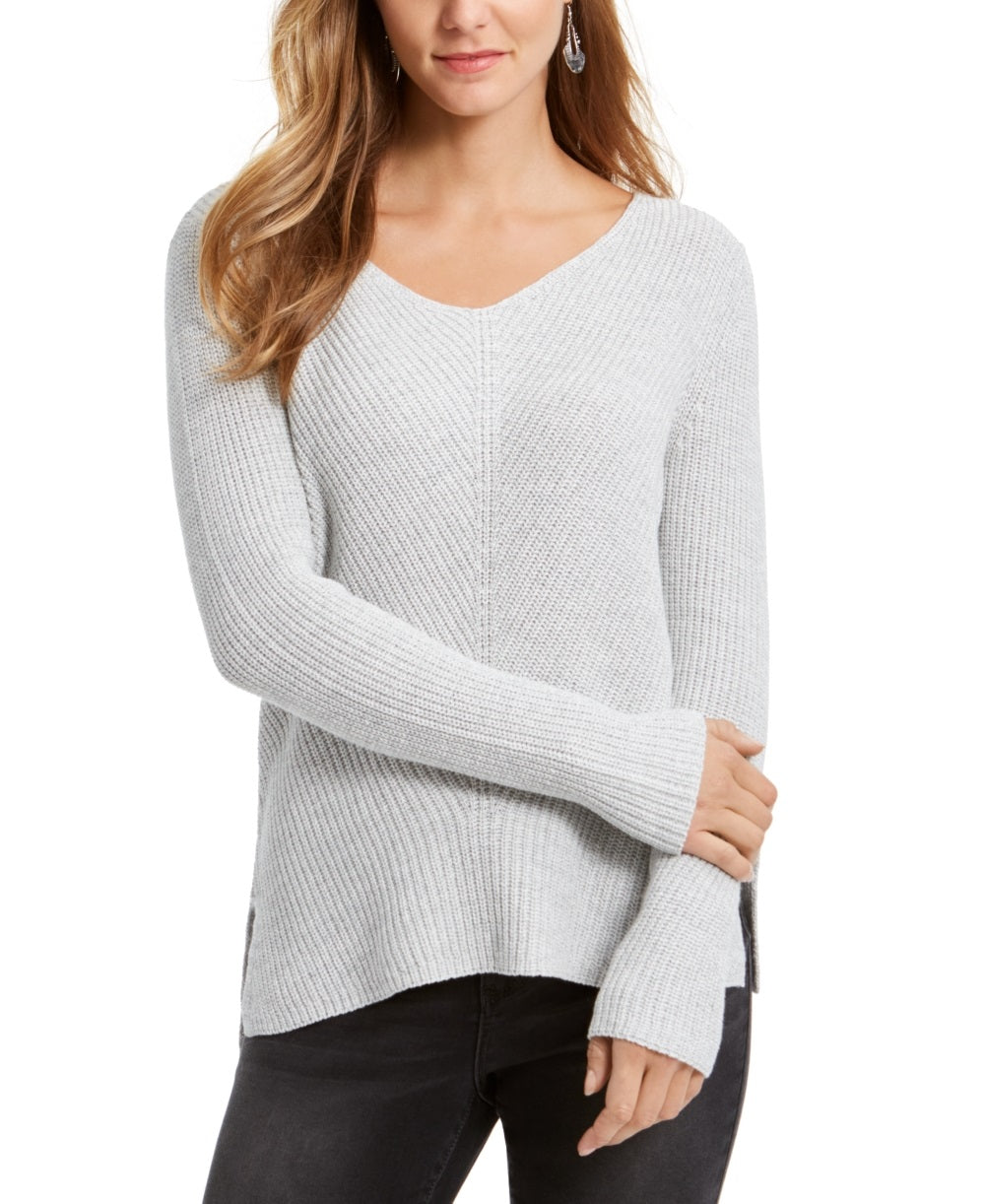 Style & Co Women's Ribbed V Neck Cotton Sweater Gray Size Large