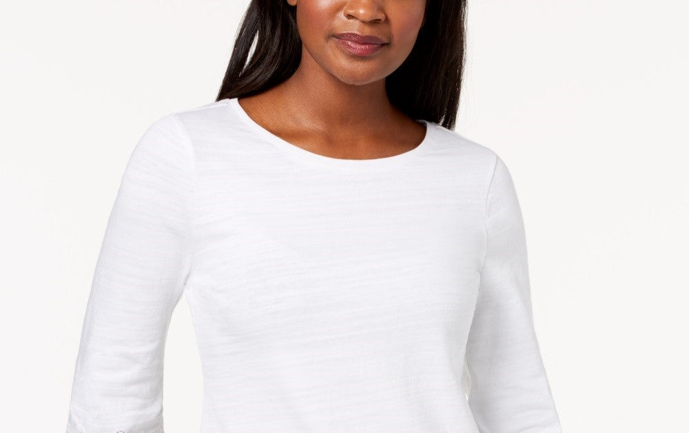 Charter Club Women's Cotton Lace Trim Top White Size Medium