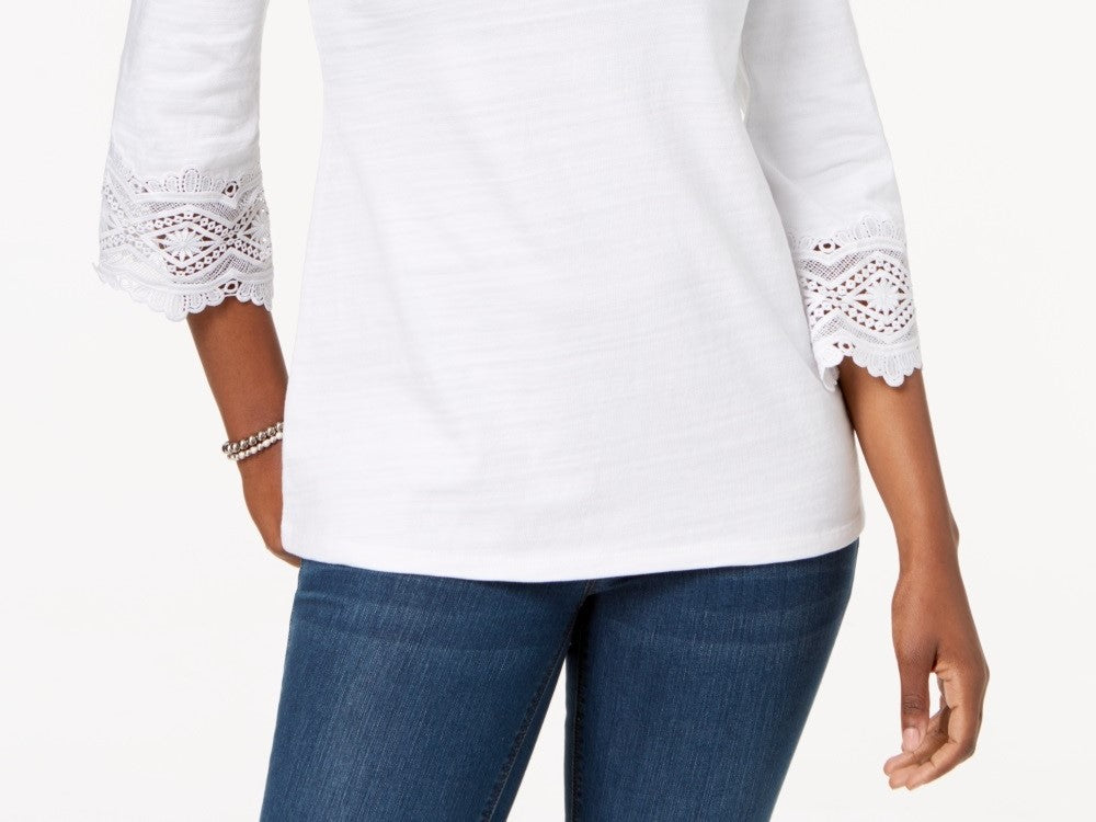 Charter Club Women's Cotton Lace Trim Top White Size Medium