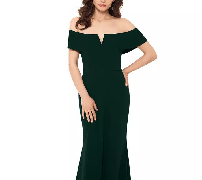 Betsy & Adam Women's Petite Off-The-Shoulder Gown Green Size 12 Petite