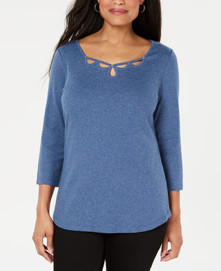 Karen Scott Women's Cotton Keyhole Stud Top Blue Size Small