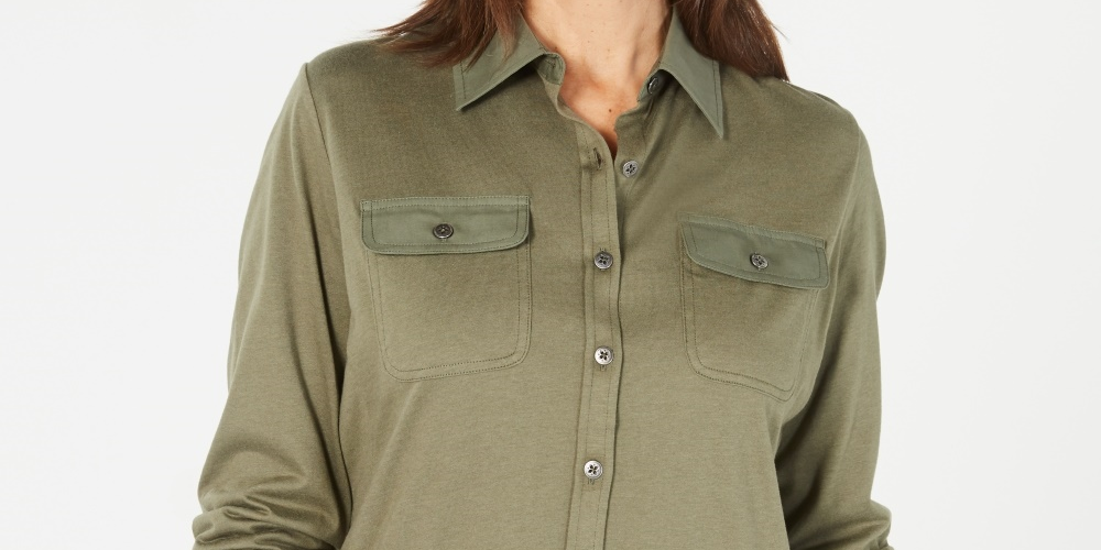 Karen Scott Women's Mixed-Media Button-Front Top Green Size X-Small