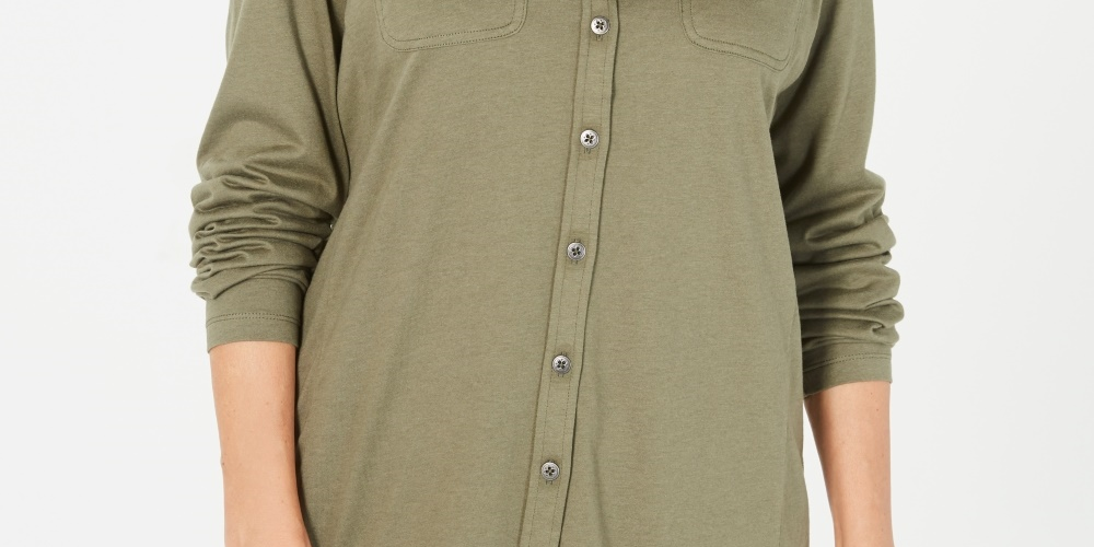 Karen Scott Women's Mixed-Media Button-Front Top Green Size X-Small