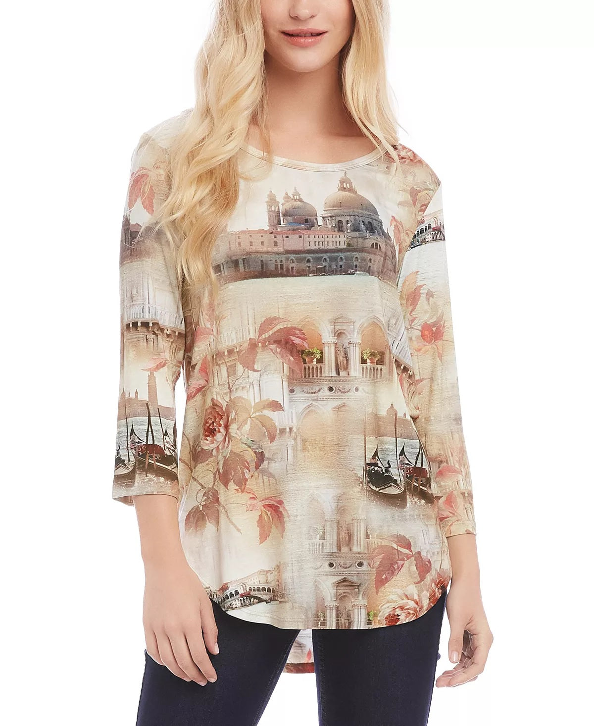 Karen Kane Women's Montage Print High Low Top Beige Size Medium