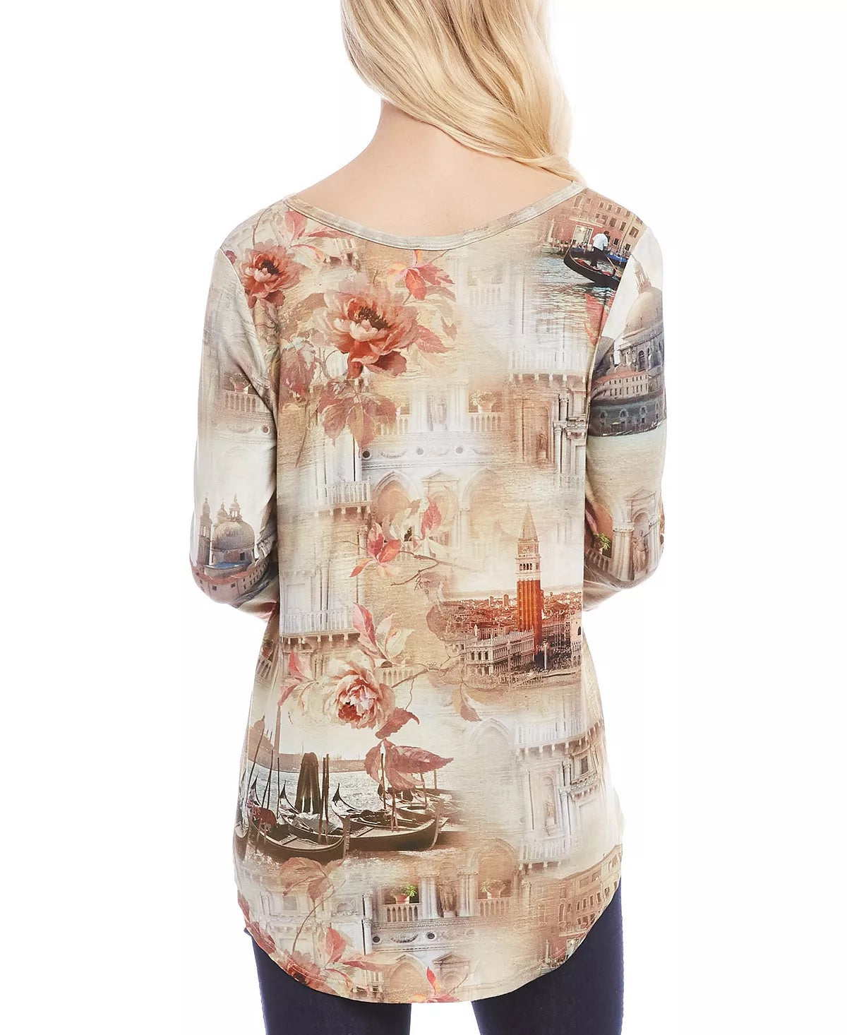 Karen Kane Women's Montage Print High Low Top Beige Size Medium