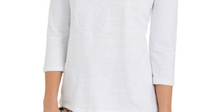 Charter Club Women's 3/4 Sleeve Printed Top White Size Small