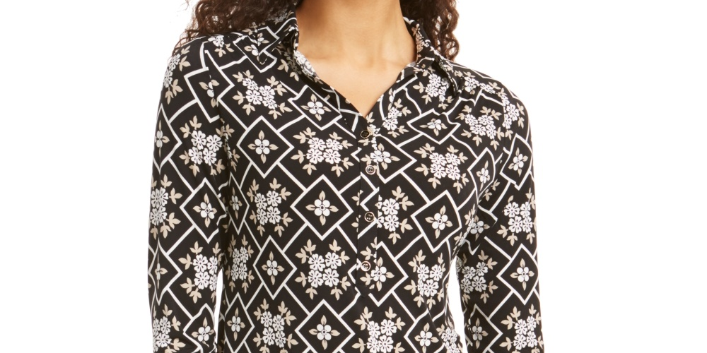 Charter Club Women's 3/4 Sleeve Printed Polo Top Black Size Small