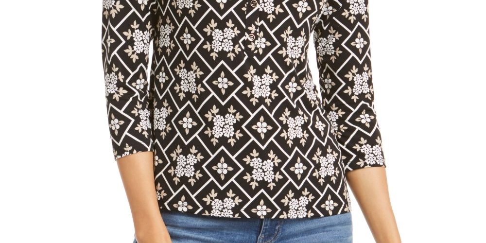 Charter Club Women's 3/4 Sleeve Printed Polo Top Black Size Small