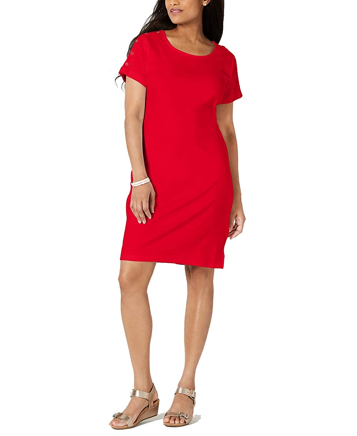 Karen Scott Women's Cotton Button Shoulder Dress Red Size Large