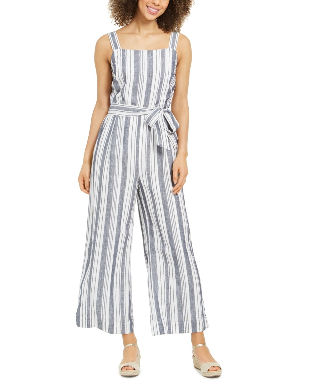 Charter Club Women's Striped Belted Jumpsuit White-blue striped Size 14