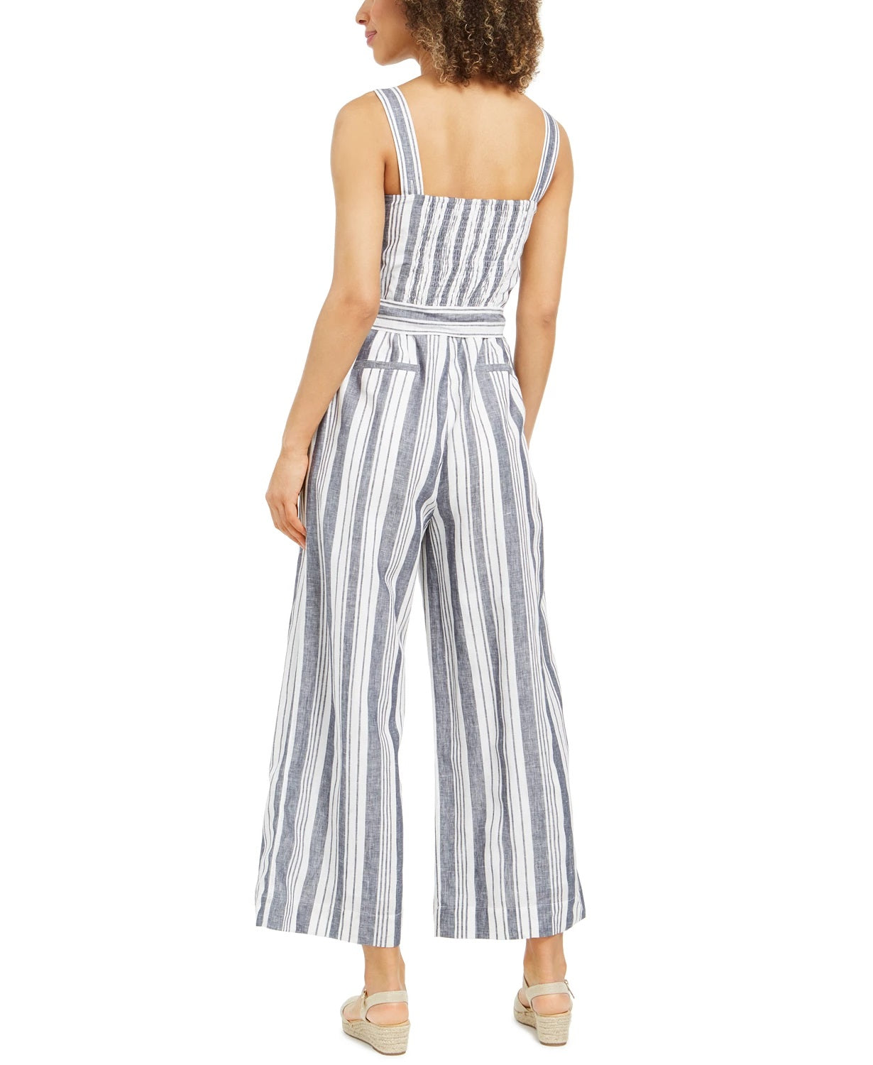 Charter Club Women's Striped Belted Jumpsuit White-blue striped Size 14