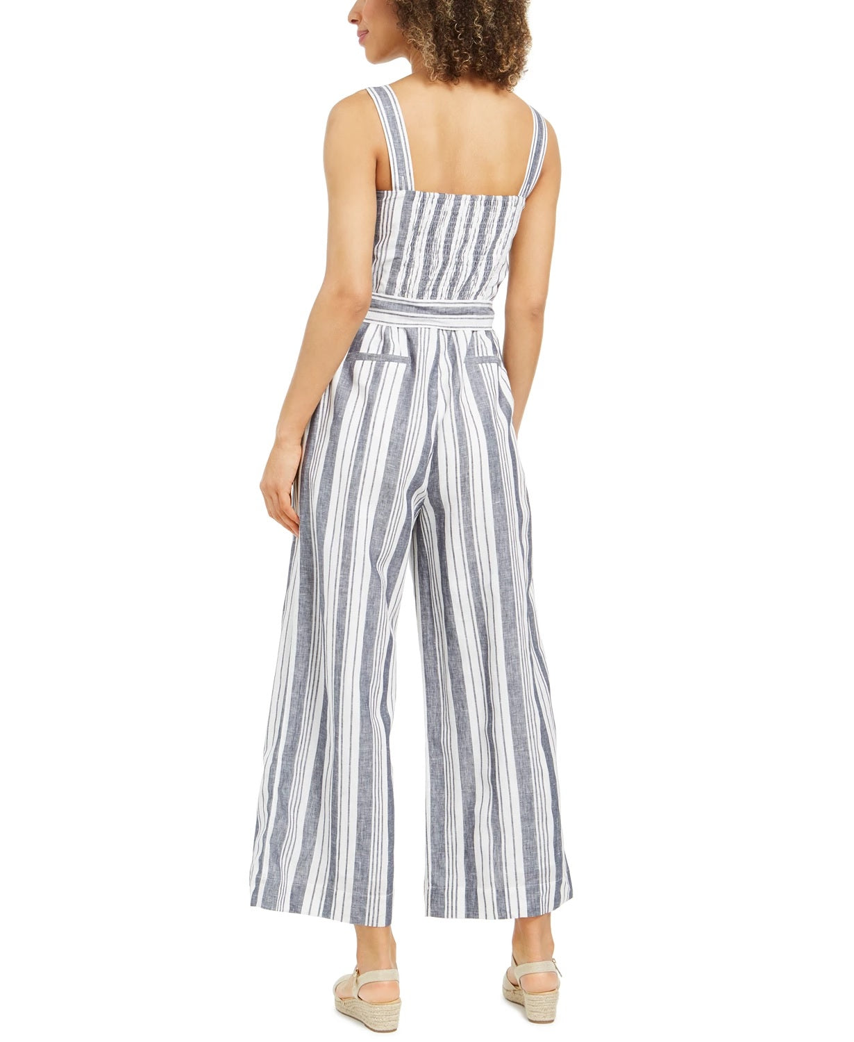 Charter Club Women's Striped Belted Jumpsuit White Size 16