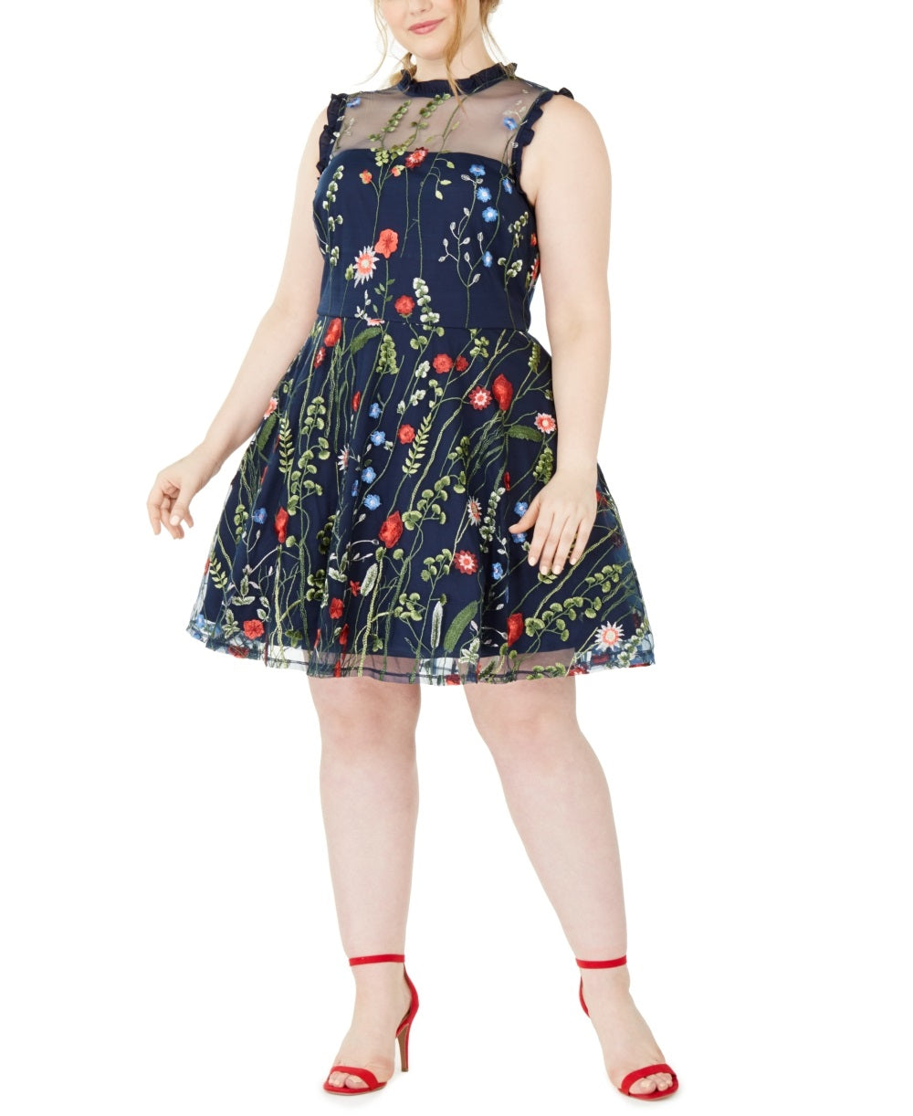 City Studios Women's Trendy Floral Embroidered Dress Blue Size Petite Small