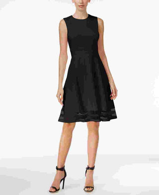 Calvin Klein Women's Sleeveless Jewel Neck Knee Length Fit + Flare Dress Black Size 4 Petite