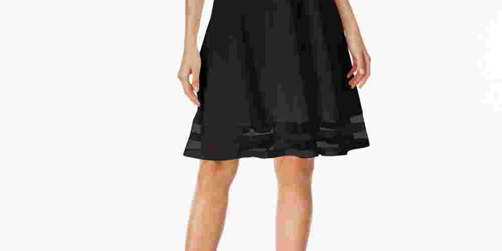 Calvin Klein Women's Sleeveless Jewel Neck Knee Length Fit + Flare Dress Black Size 4 Petite