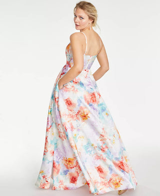 Crystal Doll Junior's Floral Square Neck Gown-White/Purple Size 15