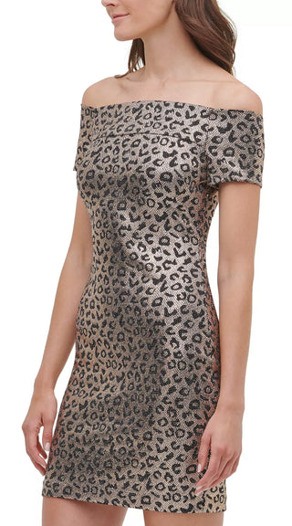 Guess Women's Off The Shoulder Animal Print Dress Yellow Size 4