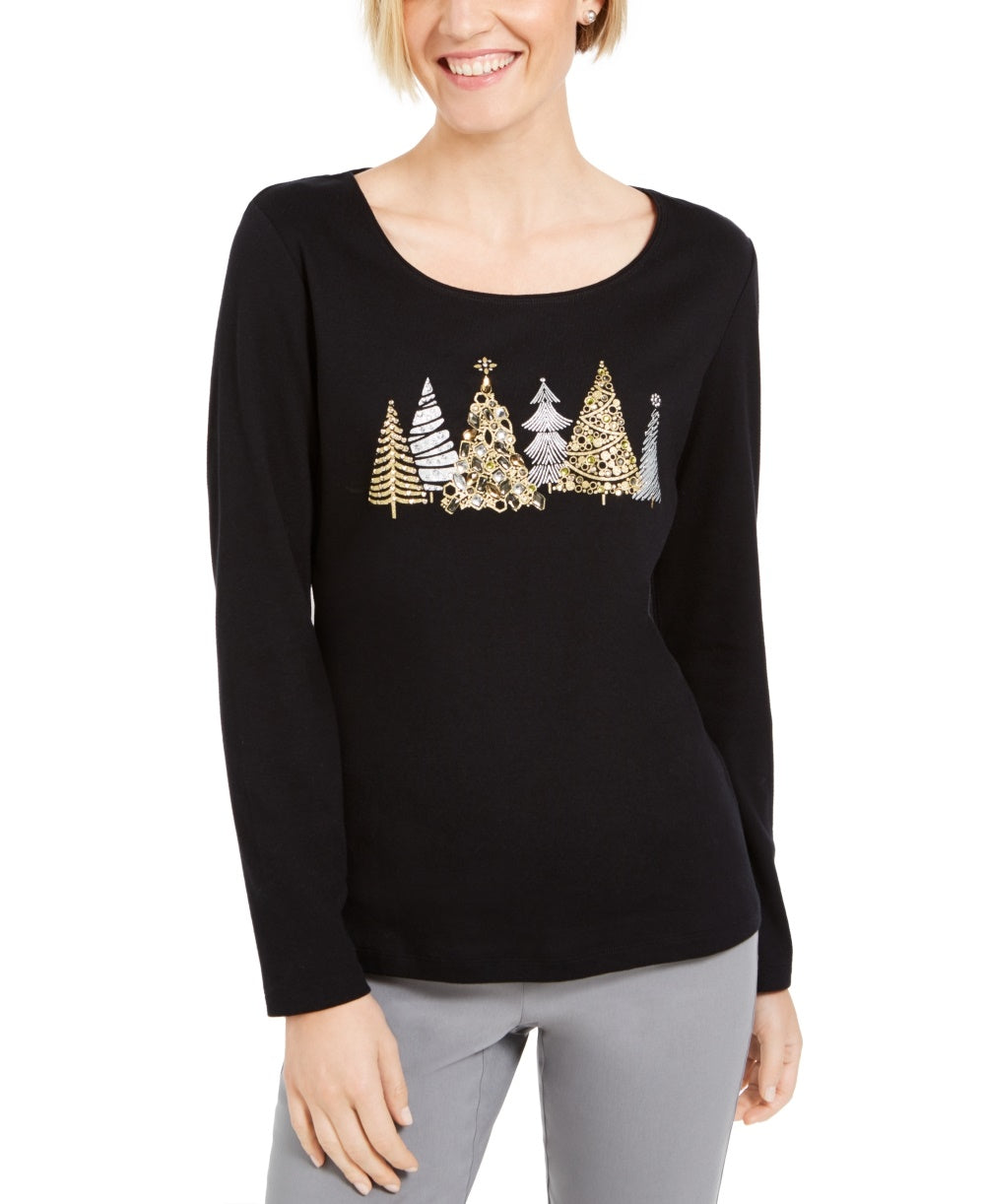 Karen Scott Women's Sparkle Holiday Graphic Shirt Black Size Medium