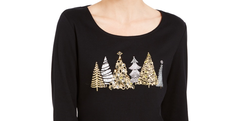 Karen Scott Women's Sparkle Holiday Graphic Shirt Black Size Medium