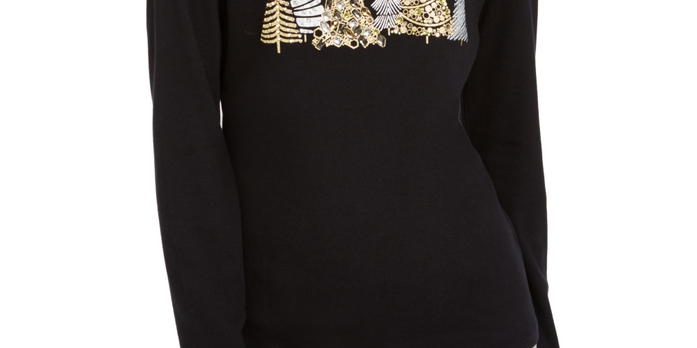 Karen Scott Women's Sparkle Holiday Graphic Shirt Black Size Medium