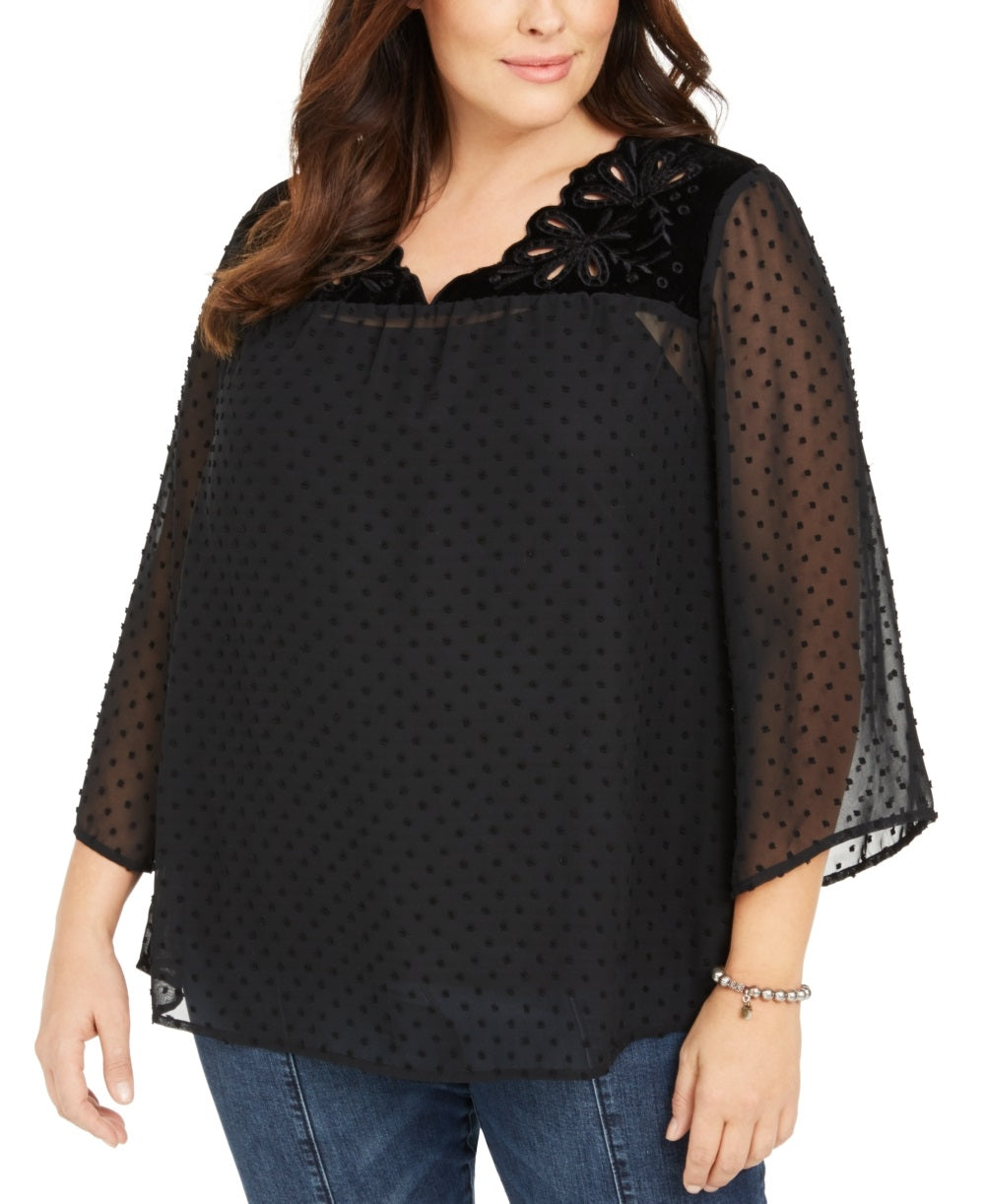 Style & Co Women's Plus Swiss Dot Velvet Yoke Top Black Size 4X