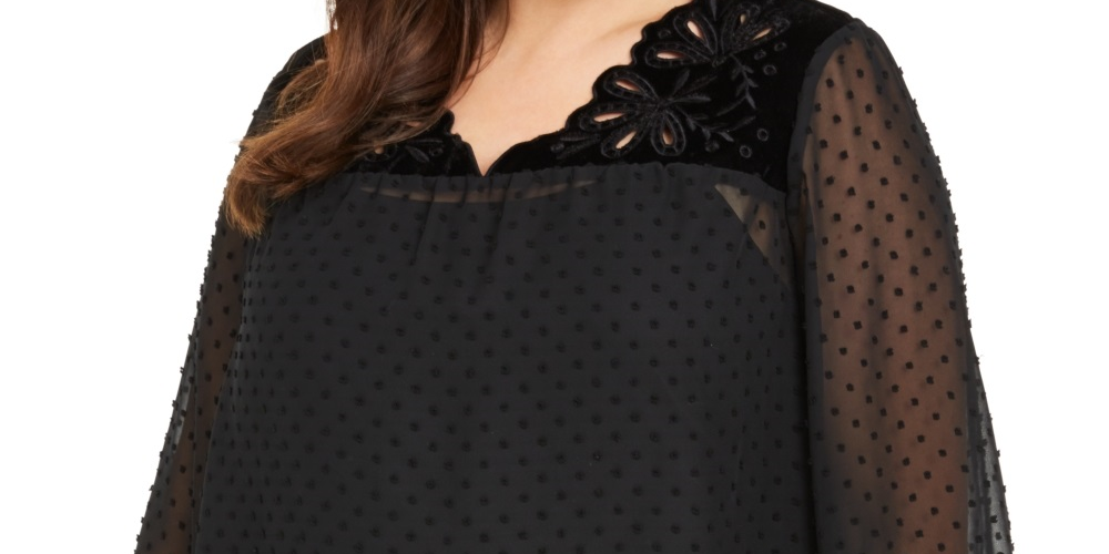 Style & Co Women's Plus Swiss Dot Velvet Yoke Top Black Size 4X