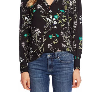 Cece Women's Winter Botanical Crochet-Trim Top Black Size Small