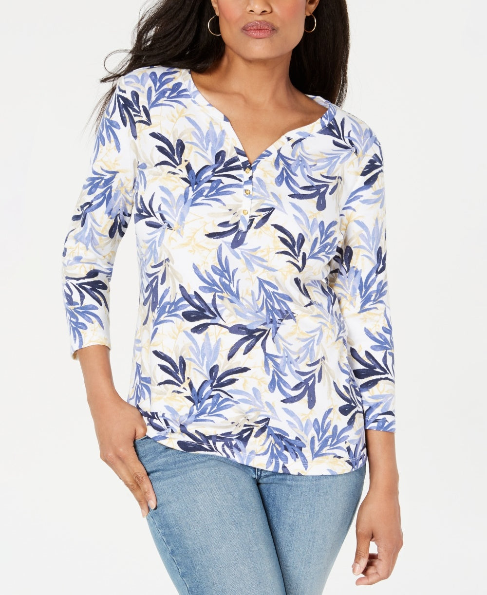 Karen Scott Women's Printed Henley Navy Size Petite Medium