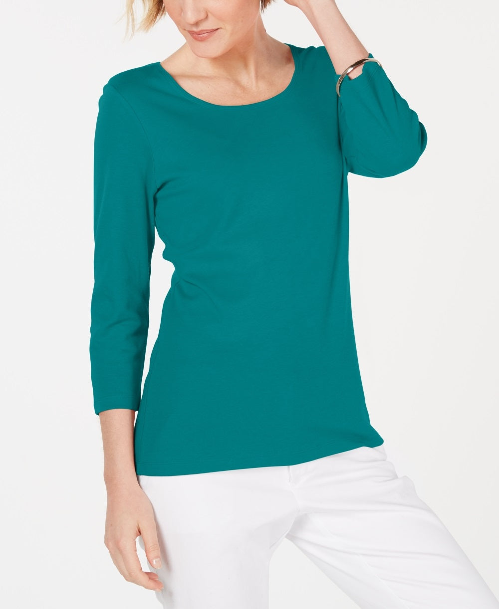 Karen Scott Women's Cotton Scoop Neck Top Green Size PL