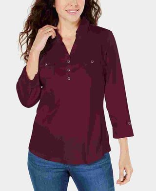 Karen Scott Women's Cotton Johnny-Collar Utility Shirt Red Size X-Small