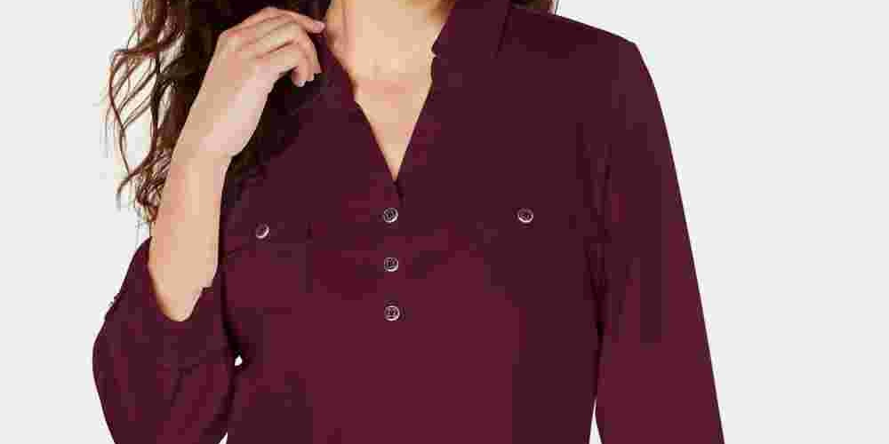 Karen Scott Women's Cotton Johnny-Collar Utility Shirt Red Size X-Small