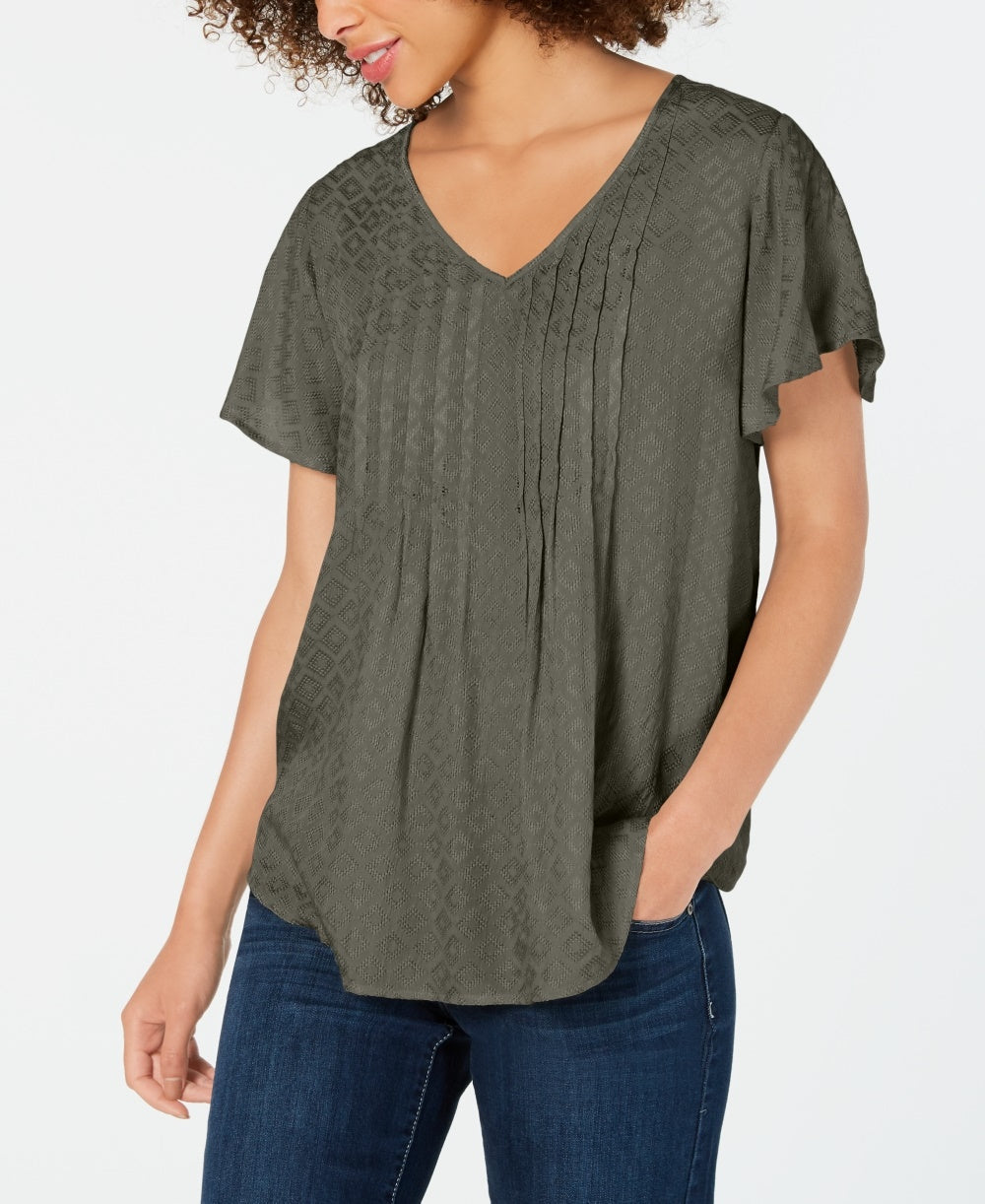 Style & Co Women's Petite Textured Flutter-Sleeve Top Green Size PM