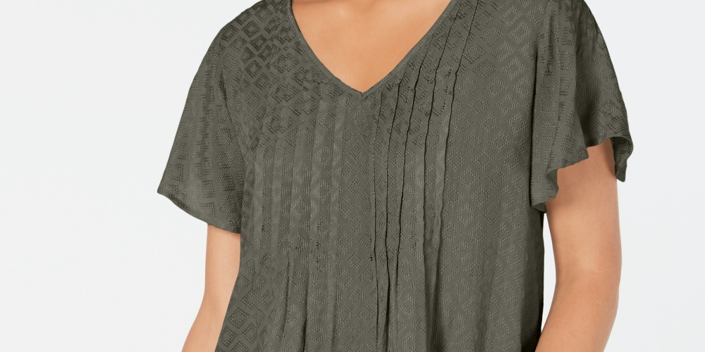 Style & Co Women's Petite Textured Flutter-Sleeve Top Green Size PM