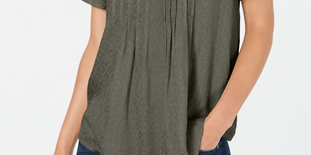 Style & Co Women's Petite Textured Flutter-Sleeve Top Green Size PM