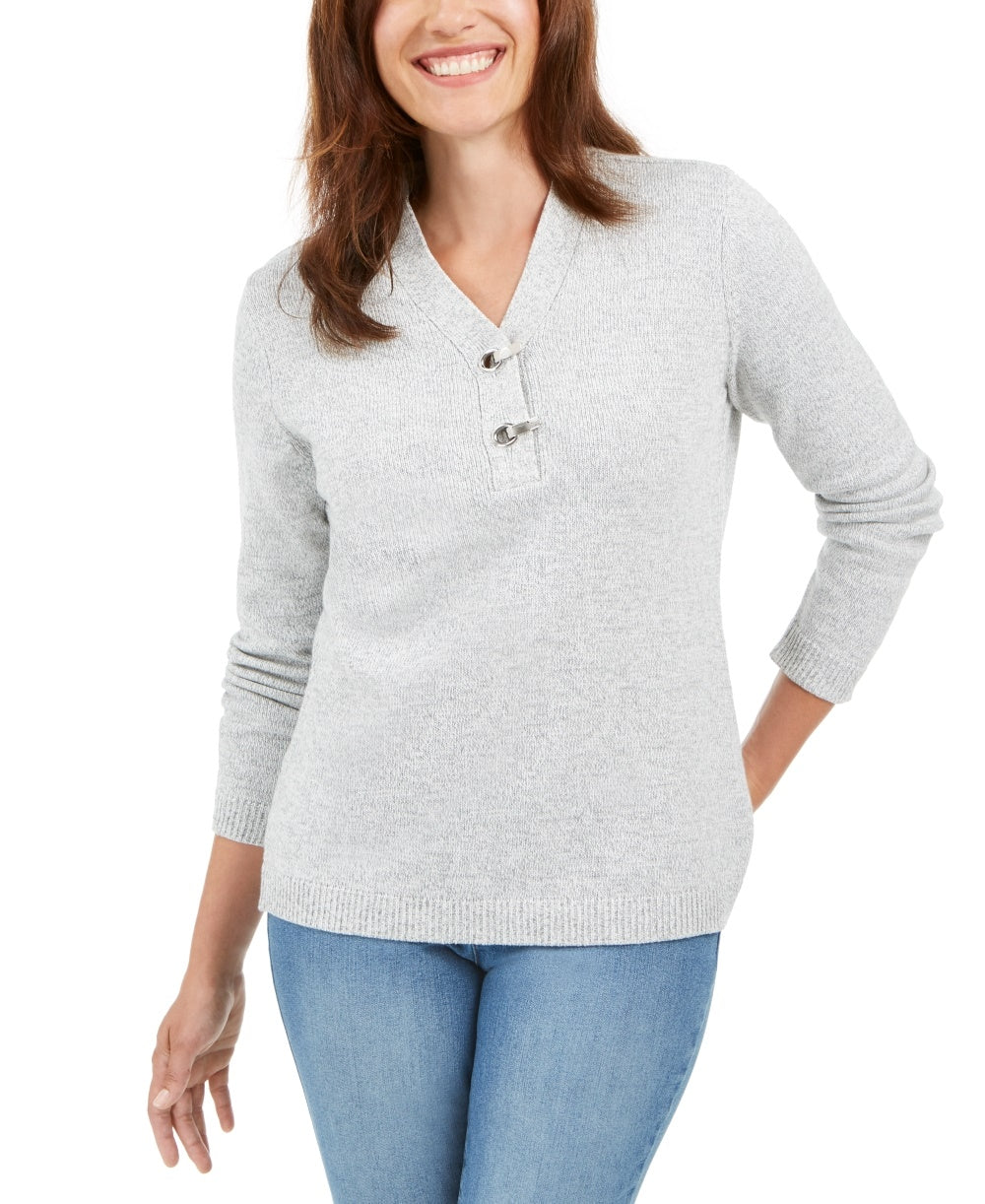 Karen Scott Women's Petite Hardware-Trim Cotton Henley Sweater Gray Size 44