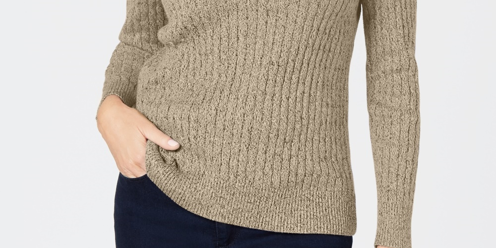 Karen Scott Women's Petite Marled Cotton Cable-Knit Sweater Beige Size PS