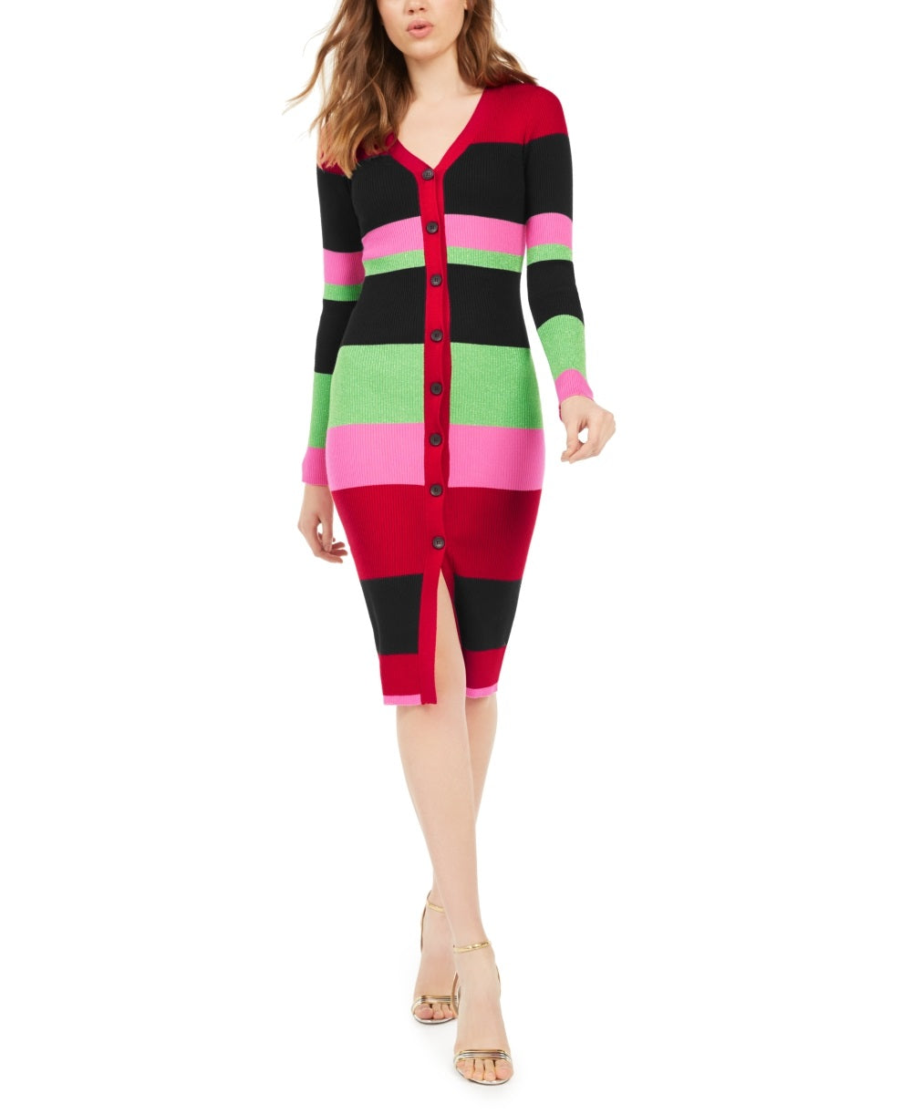 Planet Gold Junior's Metallic Stripe Cardigan Dress Red Size Large
