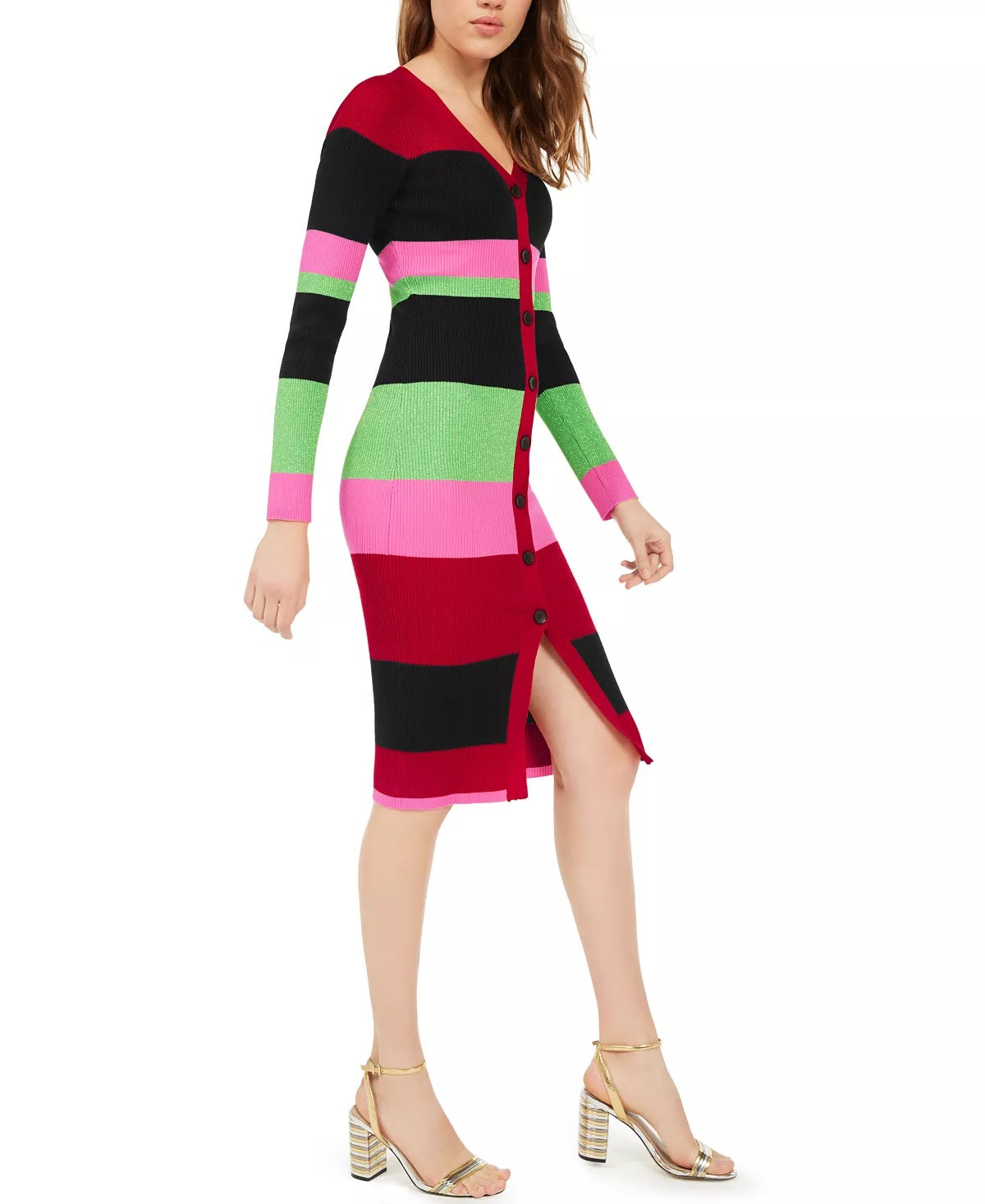 Planet Gold Junior's Metallic Stripe Cardigan Dress Red Size Large