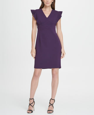 DKNY Women's V Neck Ruffle Cap Sleeve Sheath Dress Purple Size 2