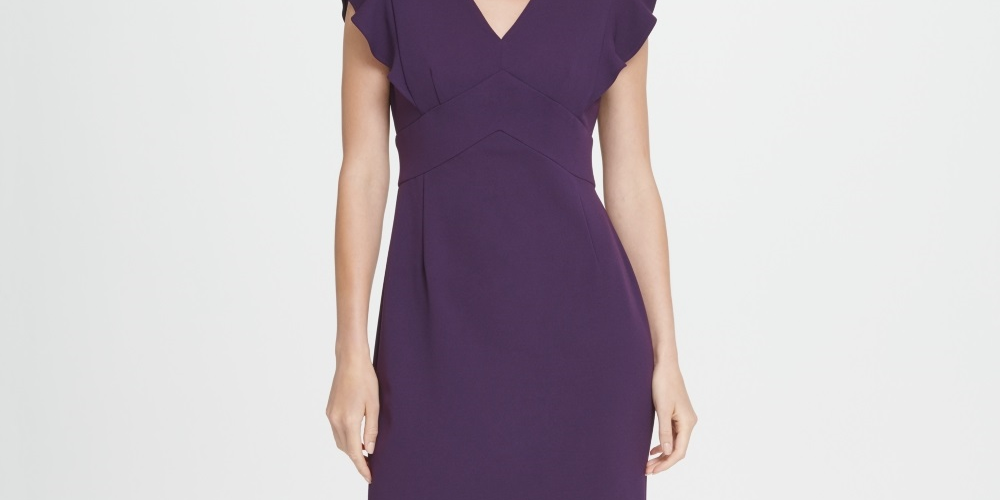 DKNY Women's V Neck Ruffle Cap Sleeve Sheath Dress Purple Size 2