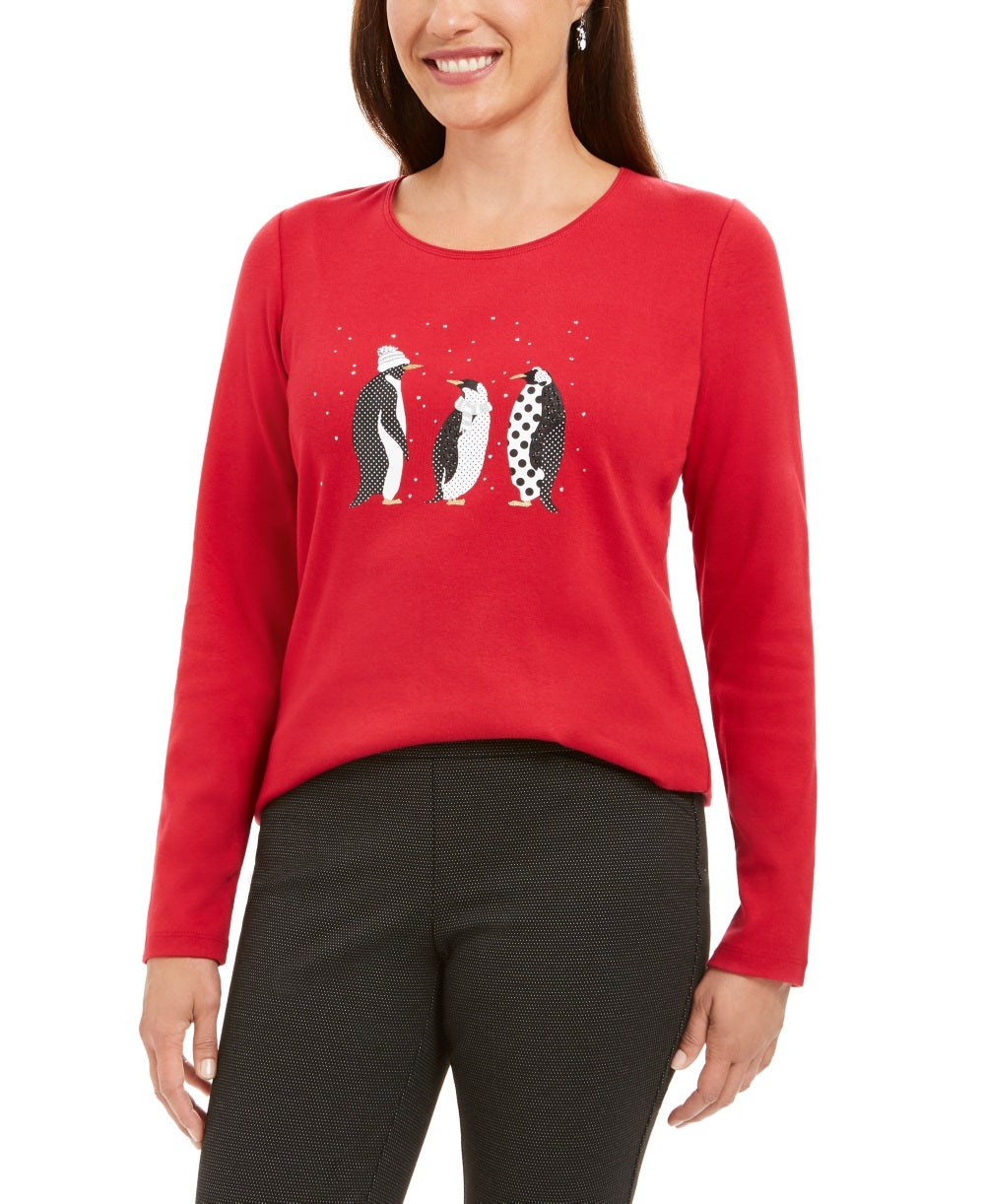 Karen Scott Women's Polka Dot Penguins Embellished Cotton Top Red Size X-Large