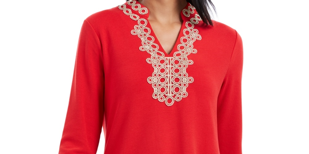 Charter Club Women's Lace-Trim Tunic Top Red Size Small