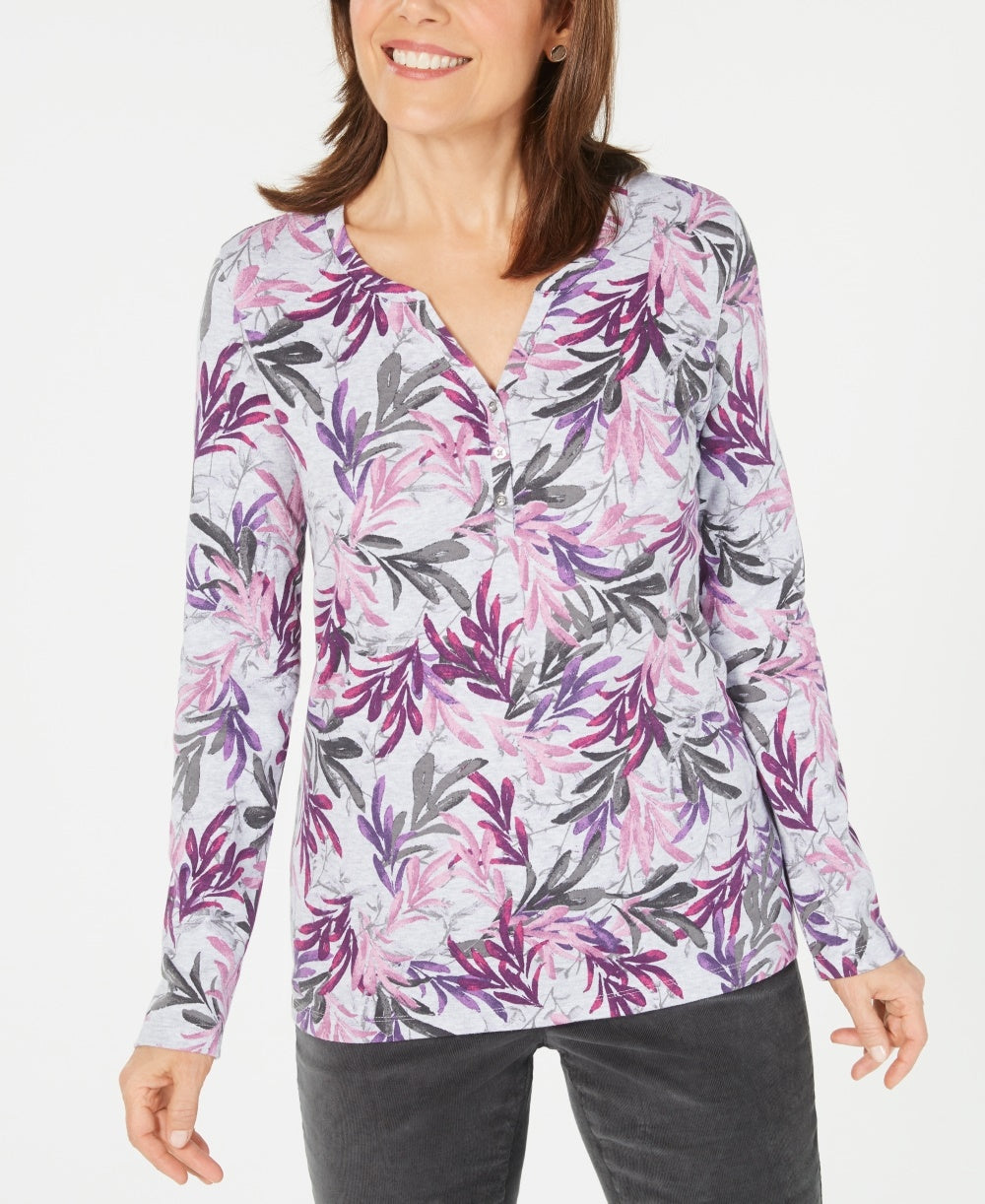 Karen Scott Women's Printed Split Neck Top Purple Size Large