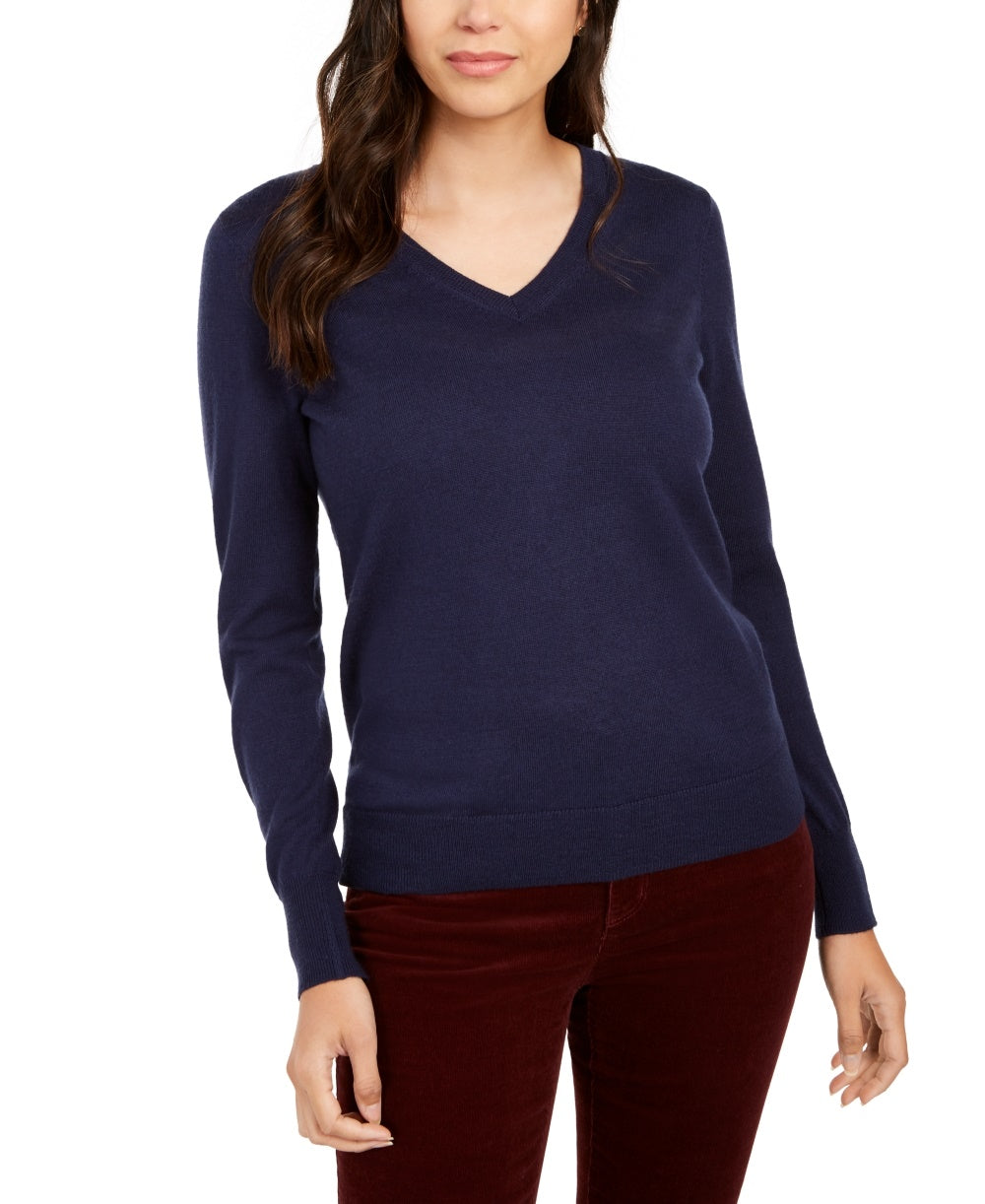 Charter Club Women's Merino Wool Button Cuff V Neck Sweater Intrepid Blue Size X-Large