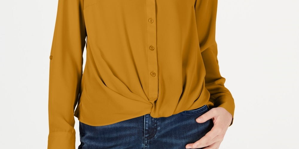 INC International Concepts Women's Twist Front Button Up Top Yellow Size PXL