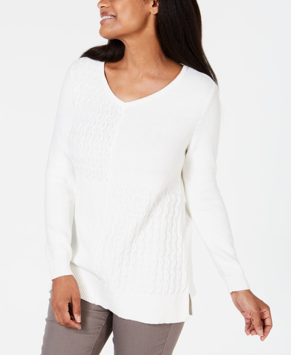 Karen Scott Women's Cotton Mixed-Stitch Sweater White Size X-Small