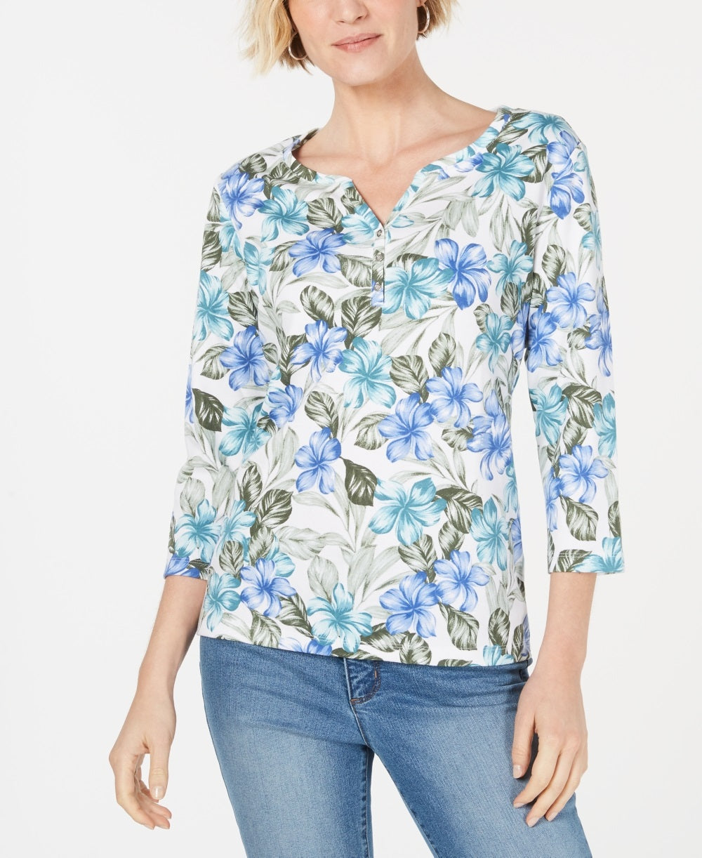 Karen Scott Women's Floral Print 3/4 Sleeve Top Blue Size X-Small