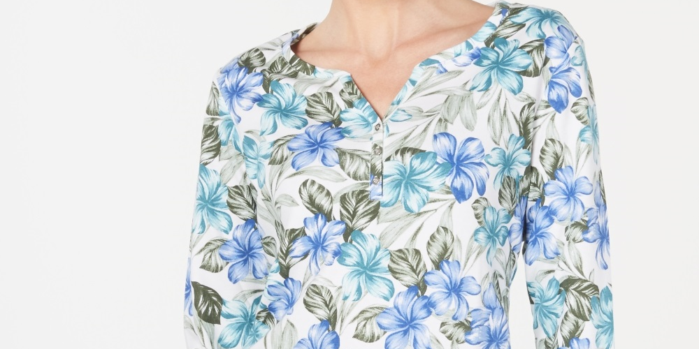 Karen Scott Women's Floral Print 3/4 Sleeve Top Blue Size X-Small